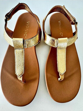 Vionic Palisades Toe Post Ankle Strap Sandal Gold & Brown US 7.5